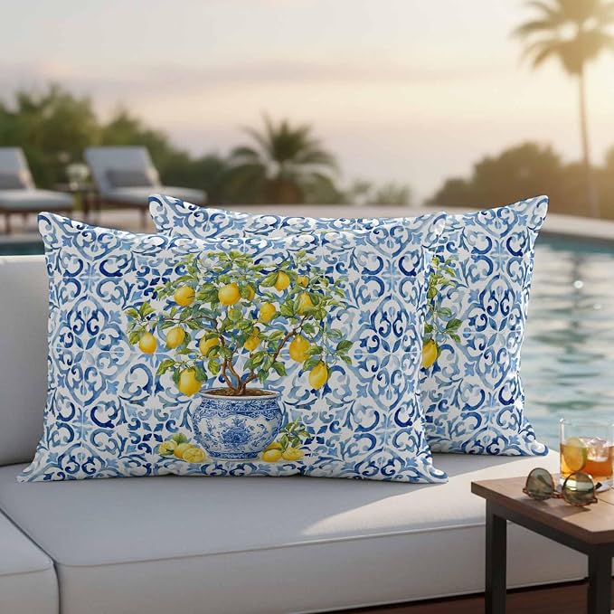 Summer Lemons Outdoor Pillow Covers 20x12 Inch Lumbar Pillow Covers Set of 2 Waterproof Decorative Throw Pillow Cases Blue Boho Floral Farmhouse Botanical Cushion Covers for Patio Furniture Garden