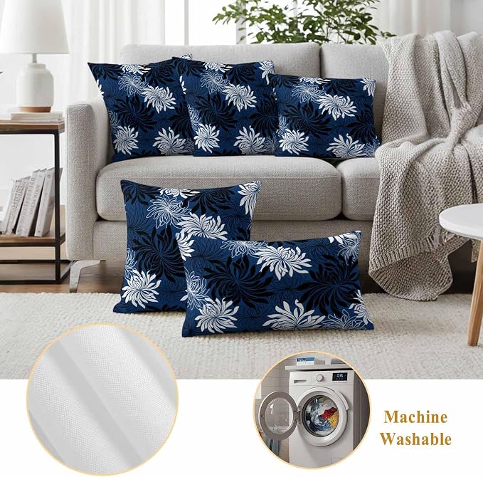 Yukro Blue Black Floral Outdoor Waterproof Pillow Covers Pack of 2, Vintage Blue White Black Flower Decorative Throw Pillowcases Cushion Covers for Garden Patio Tent Sofa Couch, 24x24 inch