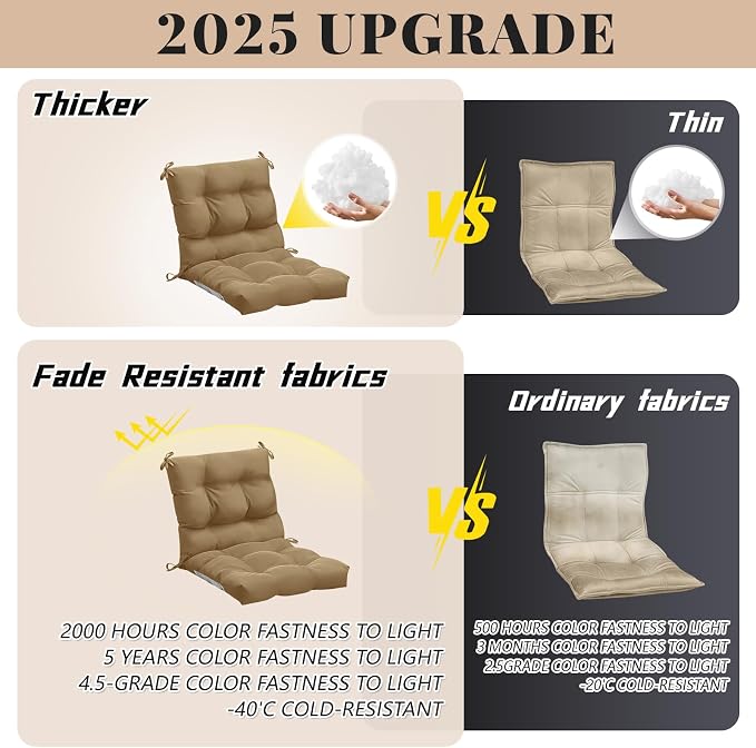 Marsui 4 Pcs Outdoor Indoor High Back Chair Cushions Patio Furniture Tufted Pillow with Ties Water-Resistant Replacement Outdoor Rocking Chair Cushions, 42 x 21 Inches (Dark Brown,Solid Color)