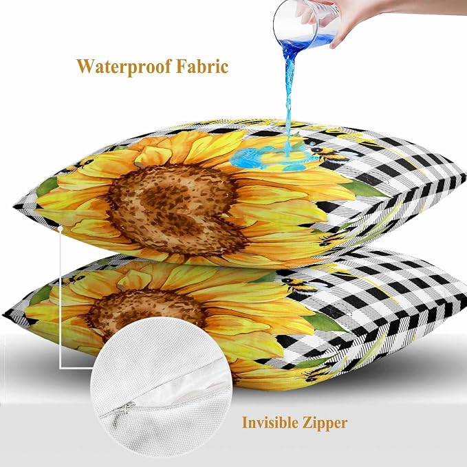Farm Outdoor Pillow Covers Set of 2,Watercolor Sunflowers Honeybee Decorative Waterproof Throw Pillowcase Yellow Flower Black White Plaid Cotton Linen Soft Cozy Cushion Cover Pillowsham 18x18In