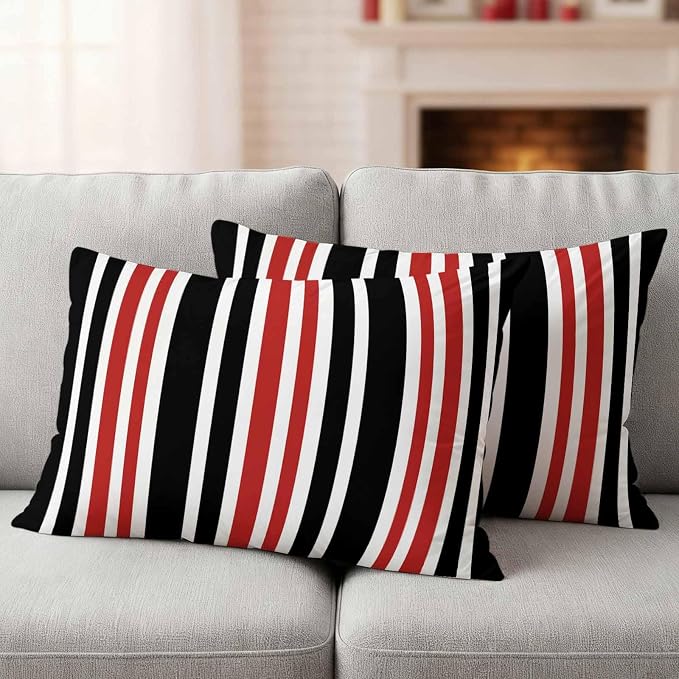 Red Black Stripe Outdoor Pillow Covers 20x12 Inch Lumbar Pillow Covers Set of 2 Waterproof Decorative Throw Pillow Cases Farmhouse Minimalist Striped Cushion Covers for Patio Furniture Garden Couch