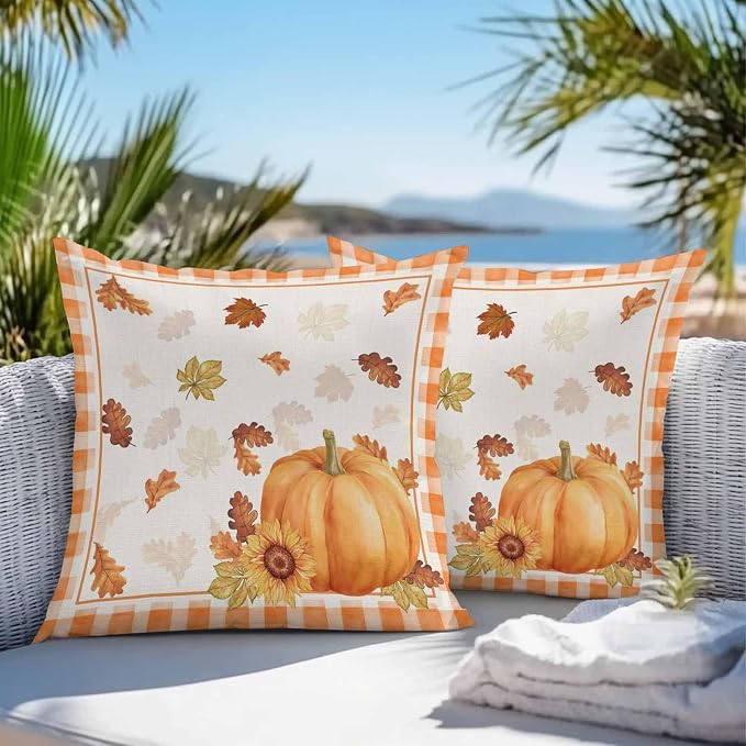 Thanksgiving Day Outdoor Throw Pillow Cover Autumn Pumpkins Sunflowers Waterproof Cushion Covers 2 Pack Fall Leaves Plaid Pillow Cases Home Decoration for Patio Garden Couch Sofa 18x18In