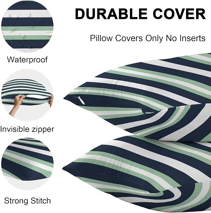 Green Navy Blue Striped Outdoor Pillow Covers Waterproof, All Weather Cushion Case Set of 2, Chic Abstract Lines Geometric Decorative Pillowcases for Sofa Couch Bed Decor Patio Furniture 16"x16"