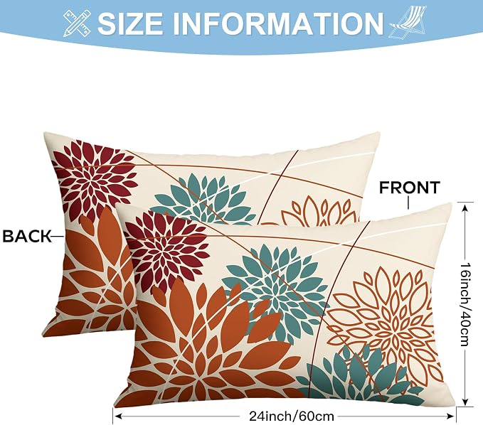 OTOSTAR Outdoor Orange Cyan Pillow Covers 16x24 Inch Set of 2 Red Flower Throw Pillows Farmhouse Geometric Dahlia Floral Lumbar Cushion Case Waterproof Decor for Sofa Patio Funiture Garden