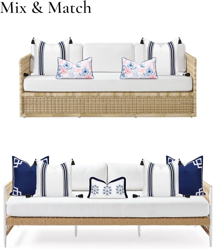 Hofdeco Premium Coastal Patio Indoor Outdoor Throw Pillow Cover Only, 20"x20" Water Repellent for Backyard, Couch, Navy Blue Embroidered Stripes with Tassels