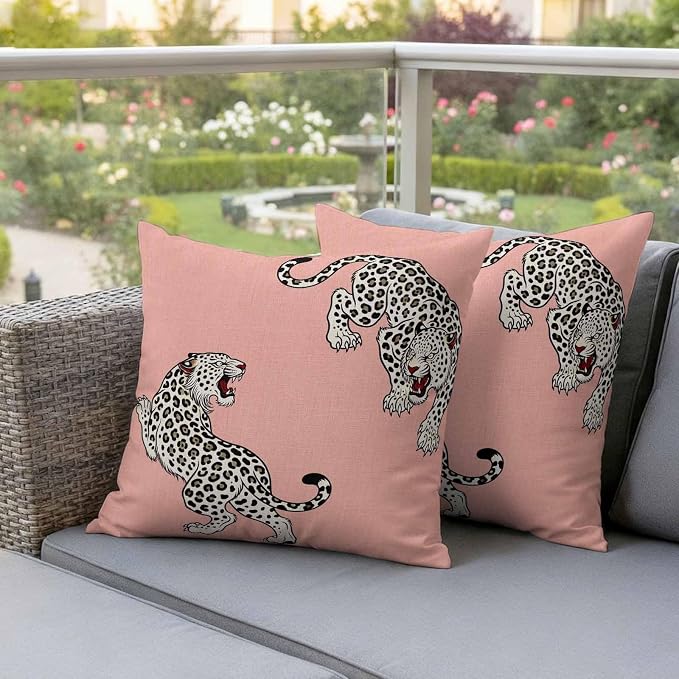 Yukro Pink Leopard Outdoor Waterproof Pillow Covers Pack of 2, Modern Style Wild Animal Rustic Linen Texture Throw Pillowcases Decorative Cushion Covers for Garden Patio Tent Sofa Couch, 16x16 inch