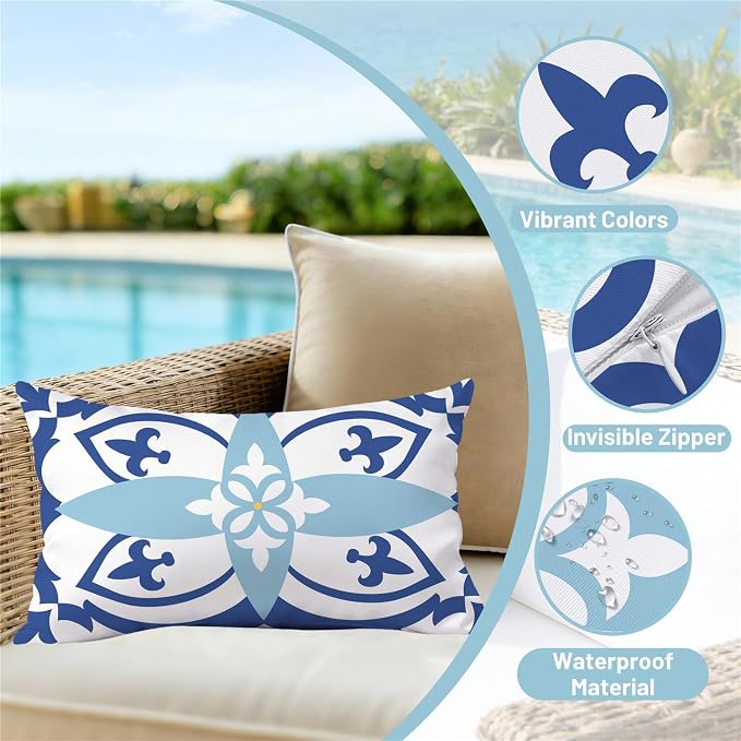 NIGHTWISH Outdoor Waterproof Pillow Covers 12x20 Set of 4 Blue Boho Decorative Outdoor Throw Pillows Floral Cushion Cases for Patio Furniture Bench Couch Sunbrella