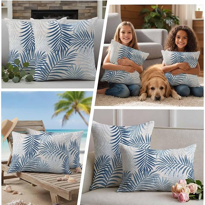 Outdoor Waterproof Throw Pillow Covers, Blue Grey Palm Leaves Decorative Pillow Cases, Summer Botanical Tropical Leaf Couch Pillow Protector Patio Sofa Cushion Covers Replacement 16"x16" 2 Pack