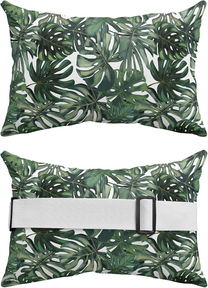 Green Palm Leaves Outdoor Chaise Lounge Head Pillow with Insert, Summer Tropical Leaf Vintage Waterproof Headrest Lumbar Pillow Cusion Cover with Elastic Strap for Patio Beach Recliner, 11"x16" 2PCS