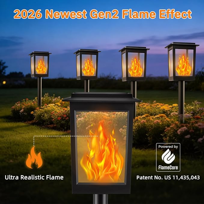 KYEKIO Gen2 Flickering Flame Solar Torch Lights, Large Solar Lights Outdoor | Waterproof for Halloween Decorations, Square Garden Lights Solar Powered, LED Tiki Torches for Outside, Yard Decor, 6 Pack
