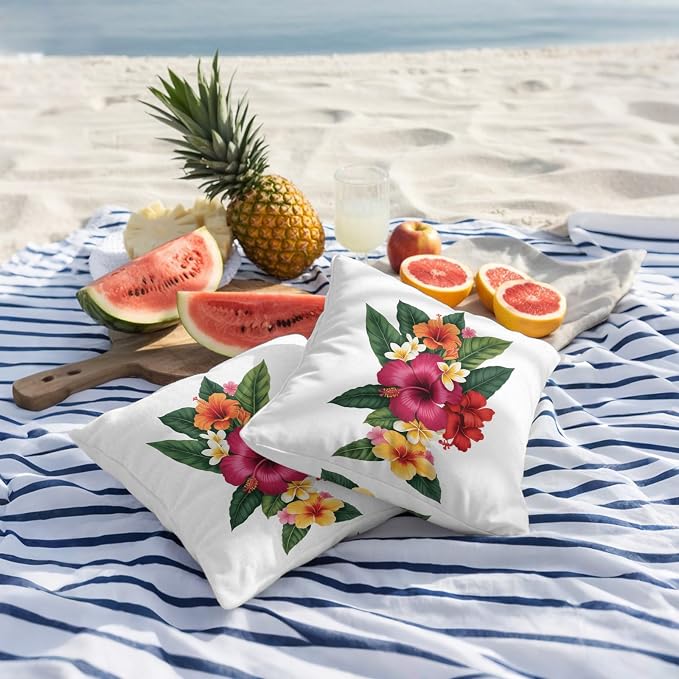 Pink Red Yellow Hibiscus Outdoor Pillow Covers 24x24 Inch Throw Pillow Covers Set of 2 Waterproof Decorative Pillow Cases Farmhouse Tropical Floral Cushion Covers for Patio Furniture Garden Couch Sofa