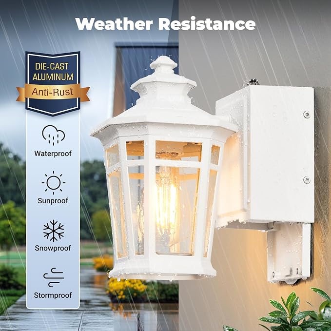 Gleamz Porch Lights Outdoor with GFCI Outlet, White Dusk to Dawn Outdoor Lighting, Exterior Lighting Fixtures Wall Mount, Anti-Rust Coach Light for Garage, Patio, 100% Aluminum, Waterproof, E26 Socket