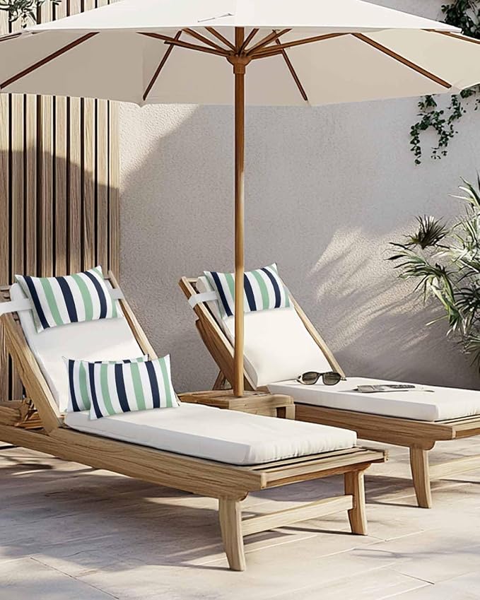 Pack of 4 Outdoor Lumbar Pillow Covers 12x20 Inch, Light Green Navy Blue Striped Waterproof Throw Pillow Covers Set, Farmhouse Stripe Art Indoor&Outdoor Decorative Cushion Cases for Patio Porch Beach
