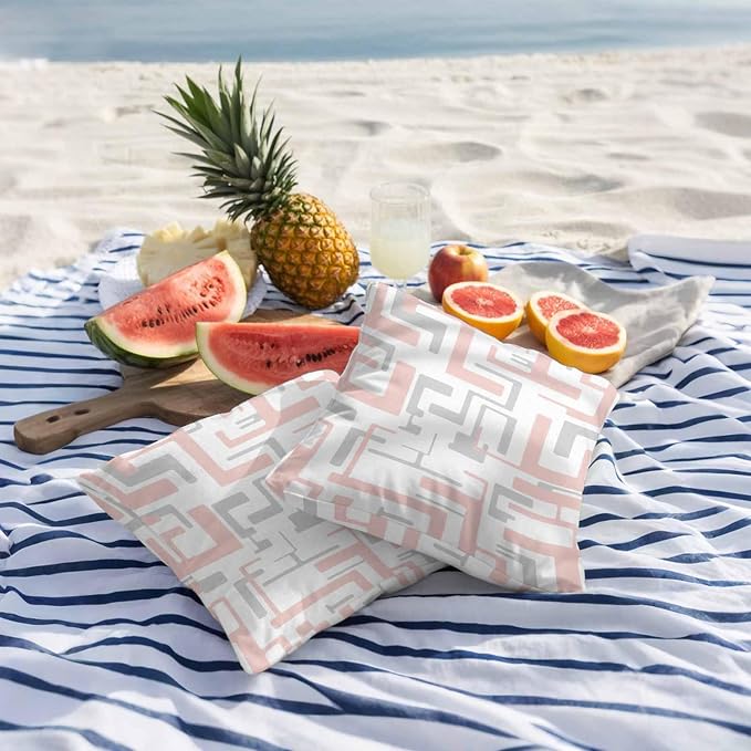 Vandarllin Outdoor Throw Pillows Covers 18x18 inch Set of 2 Waterproof Pink Geometric Stripes Decorative Zippered Cushion Covers for Patio Furniture, Modern Abstract Lines Lumbar Pillowcases