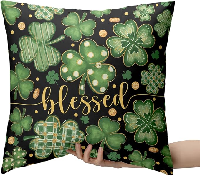 Saint Patricks Day Throw Pillow Covers Stripes Polka Dot Shamrock Clover Pillow Cases 2 Pack 24x24 March Holiday Lucky Blessed Decorative Pillow Covers for Sofa Home St Patricks Decor