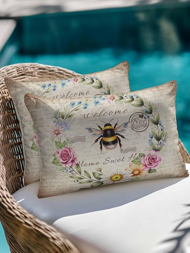 Outdoor Waterproof Throw Pillows Farmhouse Flower Leaf Wreath Patio Pillows,Decorative Pillow Covers with Insert,Pillow Cushion Case for Garden Couch Sofa Rustic Bee Retro Letter