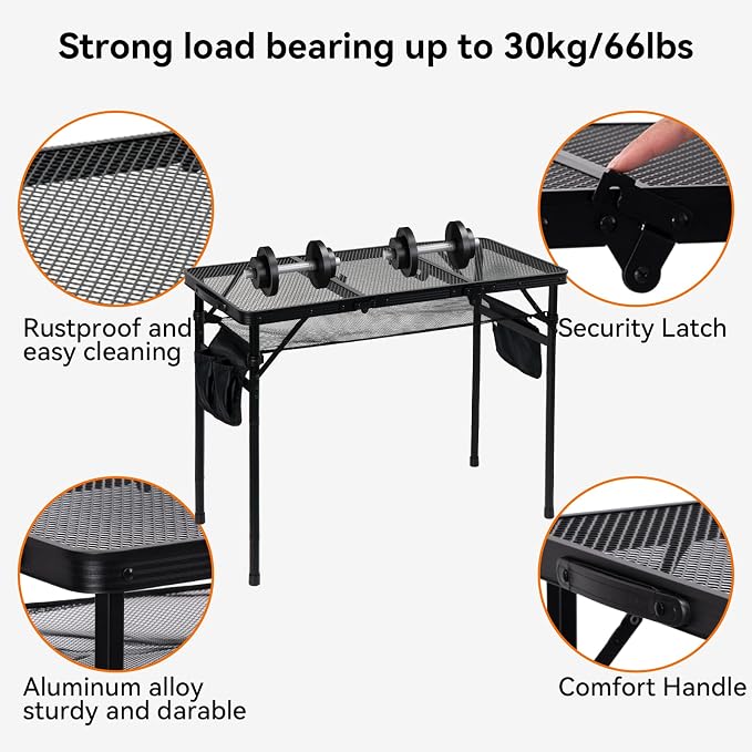 3Ft Foldable Grill Table for Camping, Portable Metal Mesh BBQTable with Dual Side Storage Bags, Lightweight Folding Outdoor Cooking Table for Picnic, RV Travel, Beach & Backyard BBQ
