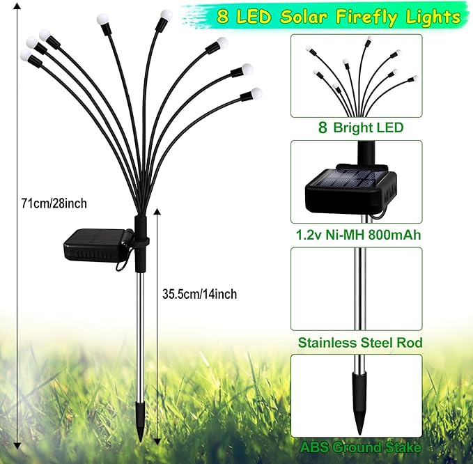 Kohlrabi Solar Garden Lights Outdoor, 6 Pack 48 LED Blue Firefly Lights Waterproof, Sway by Wind, Solar Wind Swaying Light for Yard Patio Backyard Garden Planter Flower Bed Pathway Decoration
