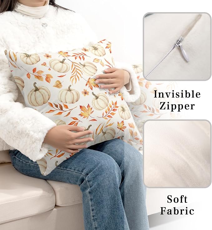 White Pumpkin Throw Pillow Covers Thanksgiving Fall Pillow Covers 22x22 Maple Leaf Pillow Cases Harvest Outdoor Cushion Cases for Home Farmhouse Garden Patio Porch 2 Pack