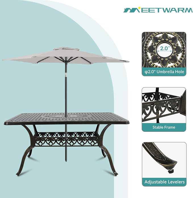 MEETWARM 7-Piece Outdoor Patio Dining Set, All-Weather Cast Aluminum Patio Conversation Set for Backyard Garden Deck with 6 Cushioned Swivel Rocker Chairs, 1 Rectangular Table, Ocean Blue