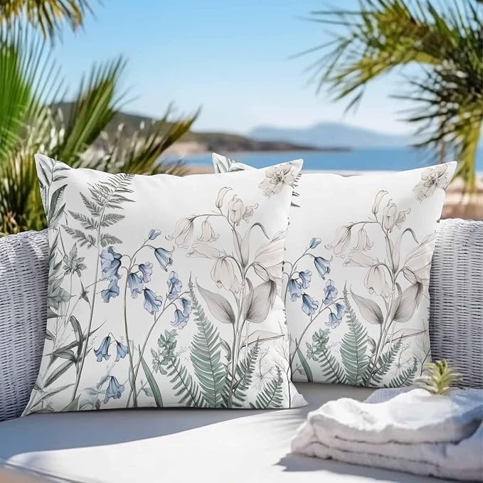 Throw Pillow Covers 24x24 Inch Set of 2, Blue Beige Floral Waterproof Outdoor Pillow Covers, Farmhouse Botanical Decorative Cushion Pillowcases for Couch, Sofa, Bed, Garden, Patio