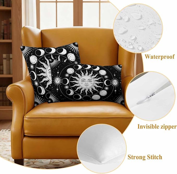Celestial Sun and Moon Waterproof Outdoor Pillow Covers Set of 2 Home Decor, Black Starry Galaxy Boho Lumbar Pillowcase Patio Pillow Covers for Couch Bench Patio Furniture Garden 20x12in