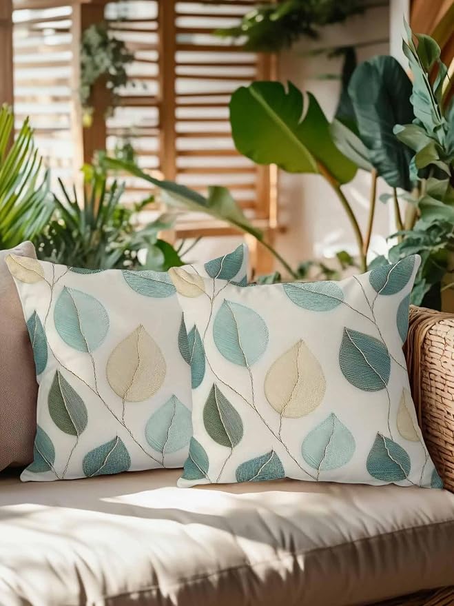 Outdoor Waterproof Throw Pillows Farmhouse Teal Green Leaf Patio Pillows Pack of 2,Decorative Pillow Covers with Insert,Pillow Cushion Case for Garden Couch Sofa Vintage Watercolor Leaves
