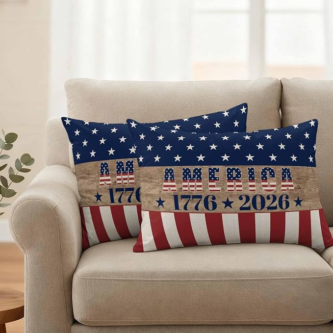 250th Anniversary Outdoor Pillow Covers 20"x12" Set of 2, Waterproof Throw Pillow Covers for Patio Furniture, USA Flag Red Striped Blue Star Retro Decorative Cushion Covers for Porch