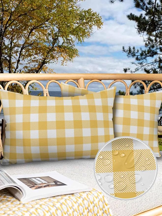 Outdoor Waterproof Throw Pillow Covers Set of 2 Yellow Buffalo Check Plaid Lumbar Pillowcases 20x12 Inches Farmhouse Style Patio Decorative Pillows Cushion Case Patio Pillows for Couch Bed Garden