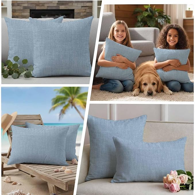 Outdoor Waterproof Throw Pillow Covers Set of 2 Sky Blue Linen Pillowcases 26x26 Inches Farmhouse Pure Color Decorative Pillows Cushion Case Patio Pillows for Couch Bed Chair Garden