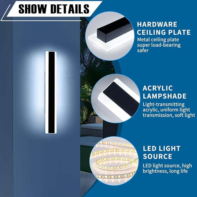 23.6inch Modern Outdoor Wall Light, Black Linear Long LED Wall Sconce, 6000K Cold White, 24W, IP65 Waterproof, Exterior Wall Light Fixture Garage Lighting for Porch, Patio, Yard, House, Garden