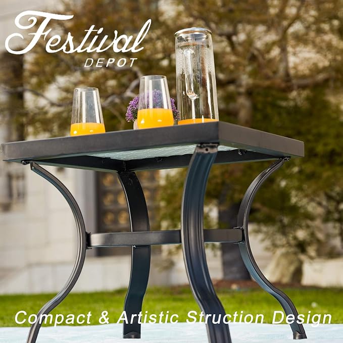 Festival Depot Metal Steel Outdoor Side Table Patio Bistro Square Dining Table Ceramics Top with Steel Legs (1pc Dining Table, Ceramics)