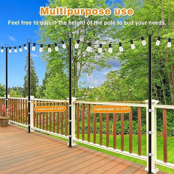 LETIANPAI 10Ft String Light Poles 6 Pack,Light Poles for Outside Lights,Outdoor with Fence Brackets Hanging Lights,Metal Stand Deck Patio Backyard