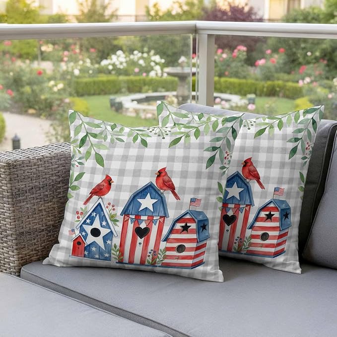 American Flag Bird House Outdoor Pillow Covers Waterproof, All Weather Cushion Case Set of 2, Green Eucalyptus Grey Plaid 250th Decorative Pillowcases for Sofa Couch Bed Decor Patio Furniture 16"x16"