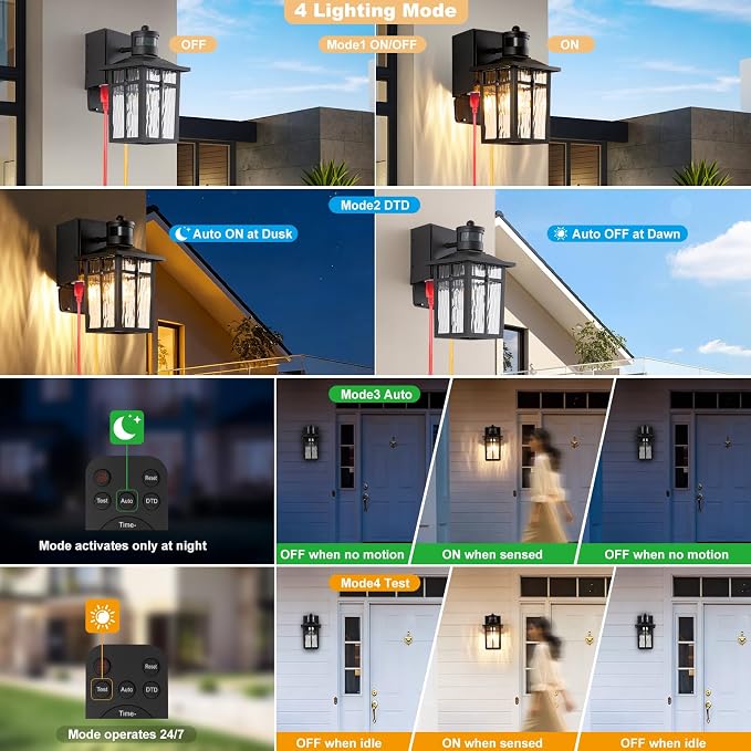 Porch Light with GFCI Outlet with Remote,Dusk to Dawn Motion Sensor Outdoor Light,Upgraded 4 Lighting Modes Black Front Door Light,Waterproof Outside Lights for House Patio Garage Entryway, 1 Pack