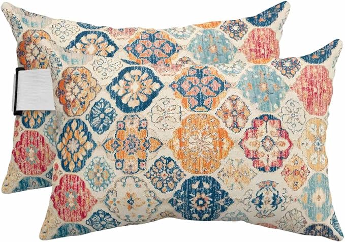 Pack of 2 Outdoor Lumbar Cushions with Inserts, Vintage Boho Ethnic Abstract Art Texture Waterproof Fluffy Fade Body Pillows, Patio Furniture Pillow for Home Balcony Garden Decor 11x16IN