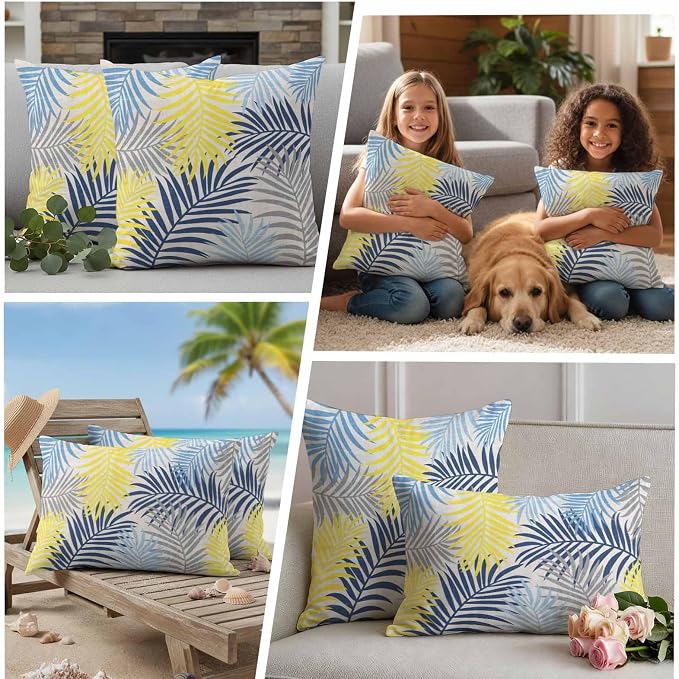 Yellow Blue Palm Leaves Outdoor Pillow Covers 20"x20" Set of 2, Summer Botanical Vintage Tropical Leaf Rustic Waterproof Throw Pillow Covers for Patio Furniture, Decorative Cushion Covers for Porch