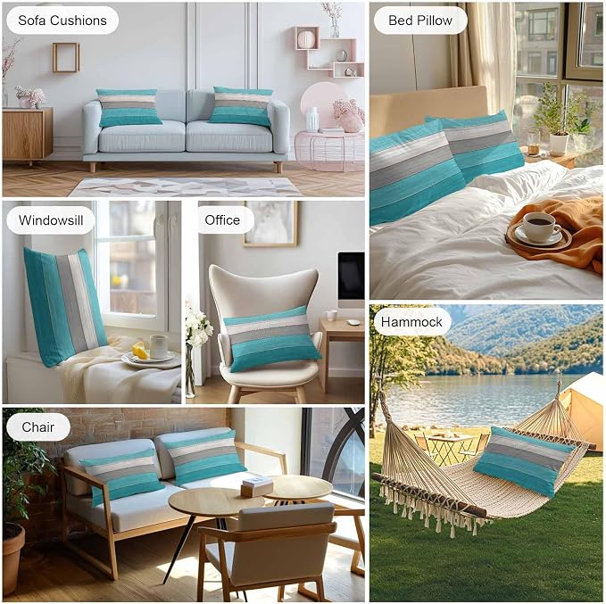 Outdoor Throw Pillow Covers 12X20 Set of 2 Waterproof Ombre Aqua Blue Gray Decorative Zippered Cushion Covers for Patio Furniture, Farmhouse Retro Rustic Barn Wood Texture Lumbar Pillowcases