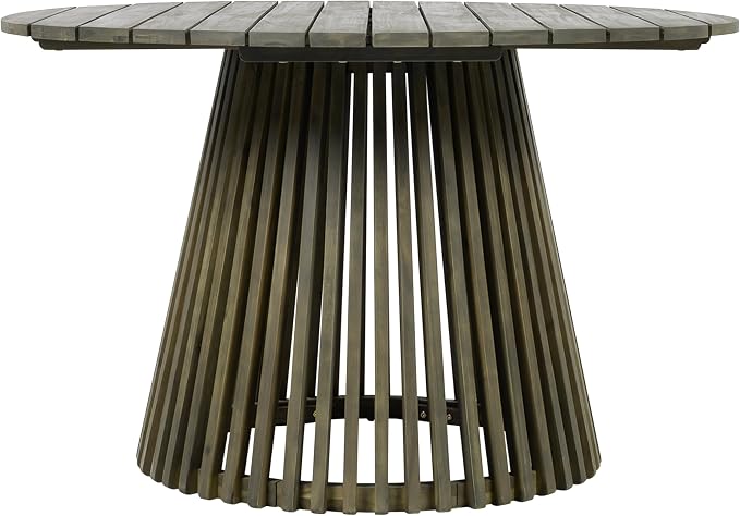 Christopher Knight Home Briar Farmhouse Acacia Wood Round Dining Table, Patio Dining Room Table with Unique Wooden Base for Backyard/Garden, Slatted Design Outdoor Dining Table, Light Teak
