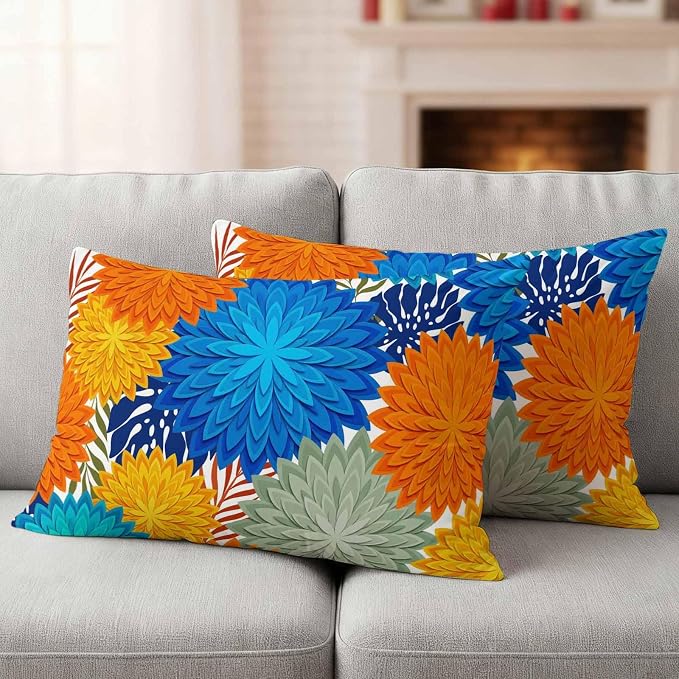 Blue Sage Green Flowers Outdoor Pillow Covers Waterproof, All Weather Cushion Case Set of 2, Boho Colorful Floral Plant Lumbar Pillowcase for Sofa Couch Bed Decor Patio Furniture 20"x12"