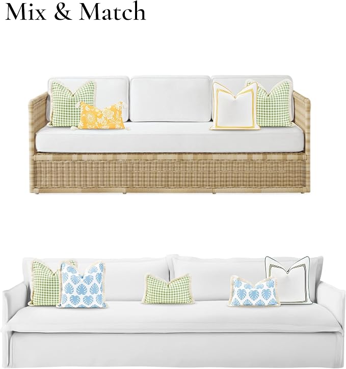 Hofdeco Premium Coastal Patio Indoor Outdoor Pillow Cover Only, 20"x20" Water Resistant for Backyard, Couch, Green Gingham Fringe