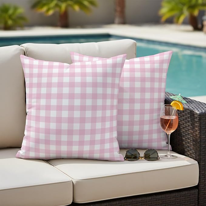 Light Pink Checks Outdoor Pillow Covers 24"x24" Set of 2, Gingham Plaid Abstract Modern Minimalist Waterproof Throw Pillow Covers for Patio Furniture, Decorative Cushion Covers for Porch