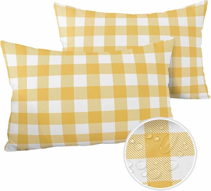 Outdoor Waterproof Throw Pillow Covers Set of 2 Yellow Buffalo Check Plaid Lumbar Pillowcases 20x12 Inches Farmhouse Style Patio Decorative Pillows Cushion Case Patio Pillows for Couch Bed Garden