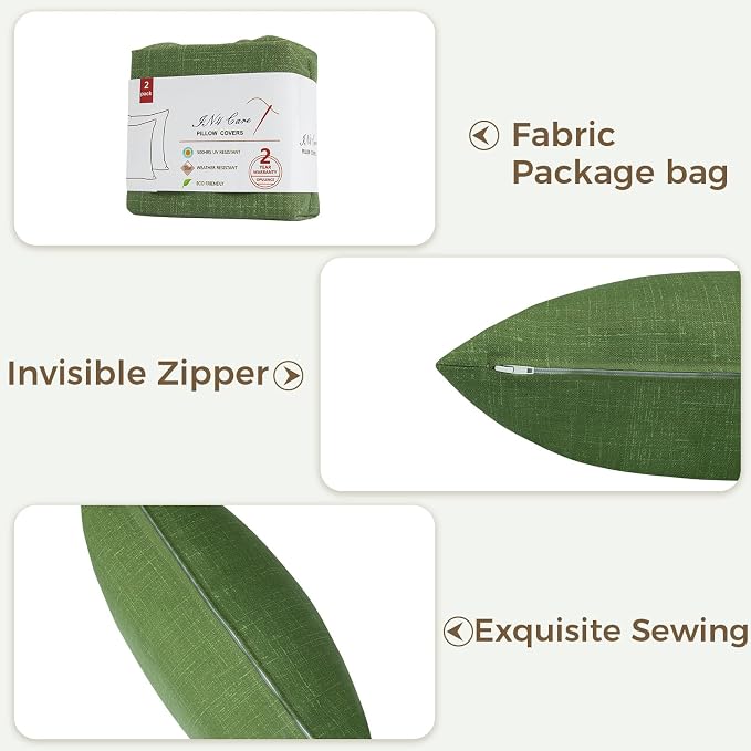 Throw Pillow Covers Set of 2, Outdoor Indoor Waterproof Decorative Patio Throw Pillowcase Shell 18x18 Inch, Square Cushion Case for Couch Sofa Garden Farmhouse Decoration-Tropical Linen Green