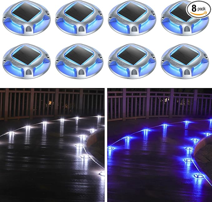 AGPTEK Solar Driveway Lights Outdoor 8 Pack, 2 Color Modes LED Deck Dock | Marine Waterproof Driveway Marker Lights for Step Sidewalk Stair Garden Pathway Walkway Yard (Blue Light/Cool White)