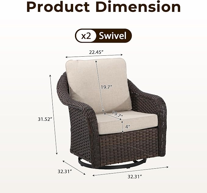 Outdoor Wicker Swivel Chair Set of 2, All-Weather Use Patio Rattan Chair with Seat and Back Cushion, Ideal for Porch, Backyard, Balcony, Poolside, Beige