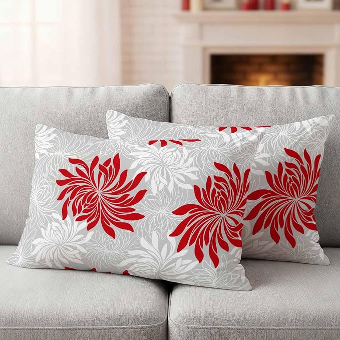 Red Grey Floral Outdoor Pillow Covers Set of 2 Vintage Red White Grey Flower Waterproof Throw Pillow Cover Decorative Cushion Cases for Patio Porch Garden 20X12 Inch