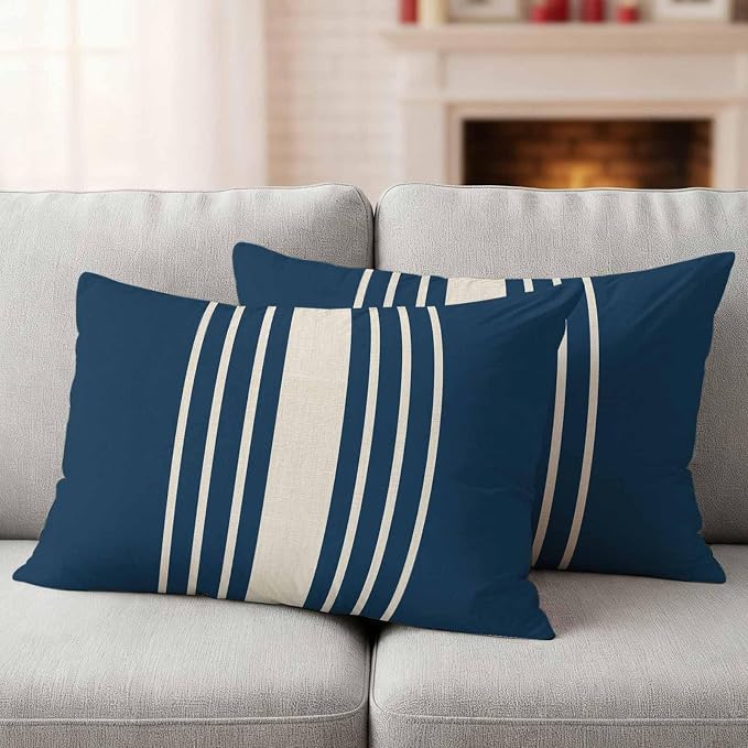 Lumbar Pillow Covers 20x12 Inch Set of 2, Navy Blue Beige Striped Waterproof Outdoor Cushion Covers, Modern Farmhouse Retro Lines Decorative Pillowcases for Couch, Sofa, Bed, Garden, Patio