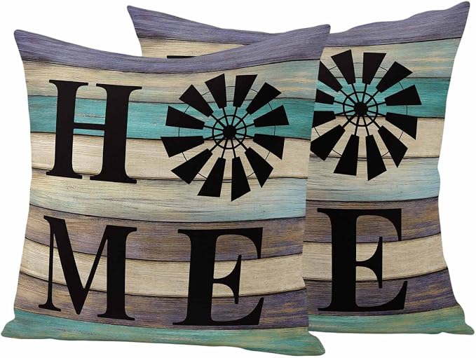 Outdoor Pillow Covers Set of 2, Farm Home Windmill Decorative Throw Pillow Covers 16X16IN, Farmhouse Vintage Wood Board Throw Pillows Protector Cushion Case for Patio,Couch,Sofa,Garden