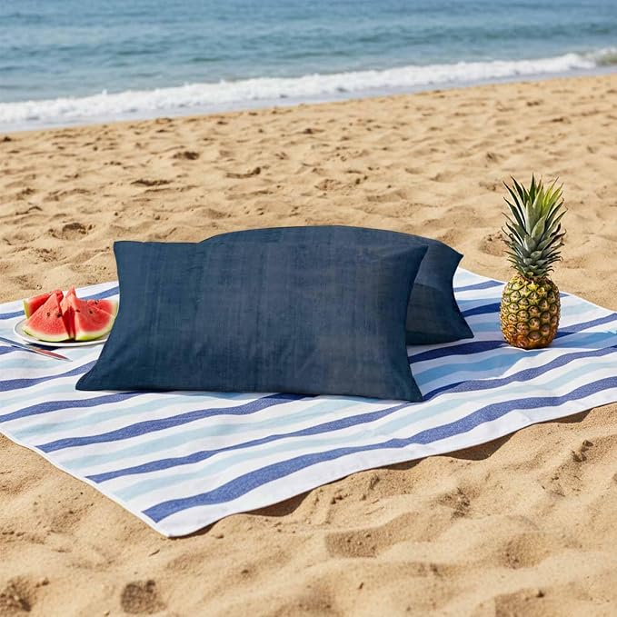 Vandarllin Outdoor Throw Pillows Covers 20x12 inch Set of 2 Waterproof Navy Blue Linen Decorative Zippered Cushion Covers for Patio Furniture, Solid Color Texture Lumbar Pillowcases